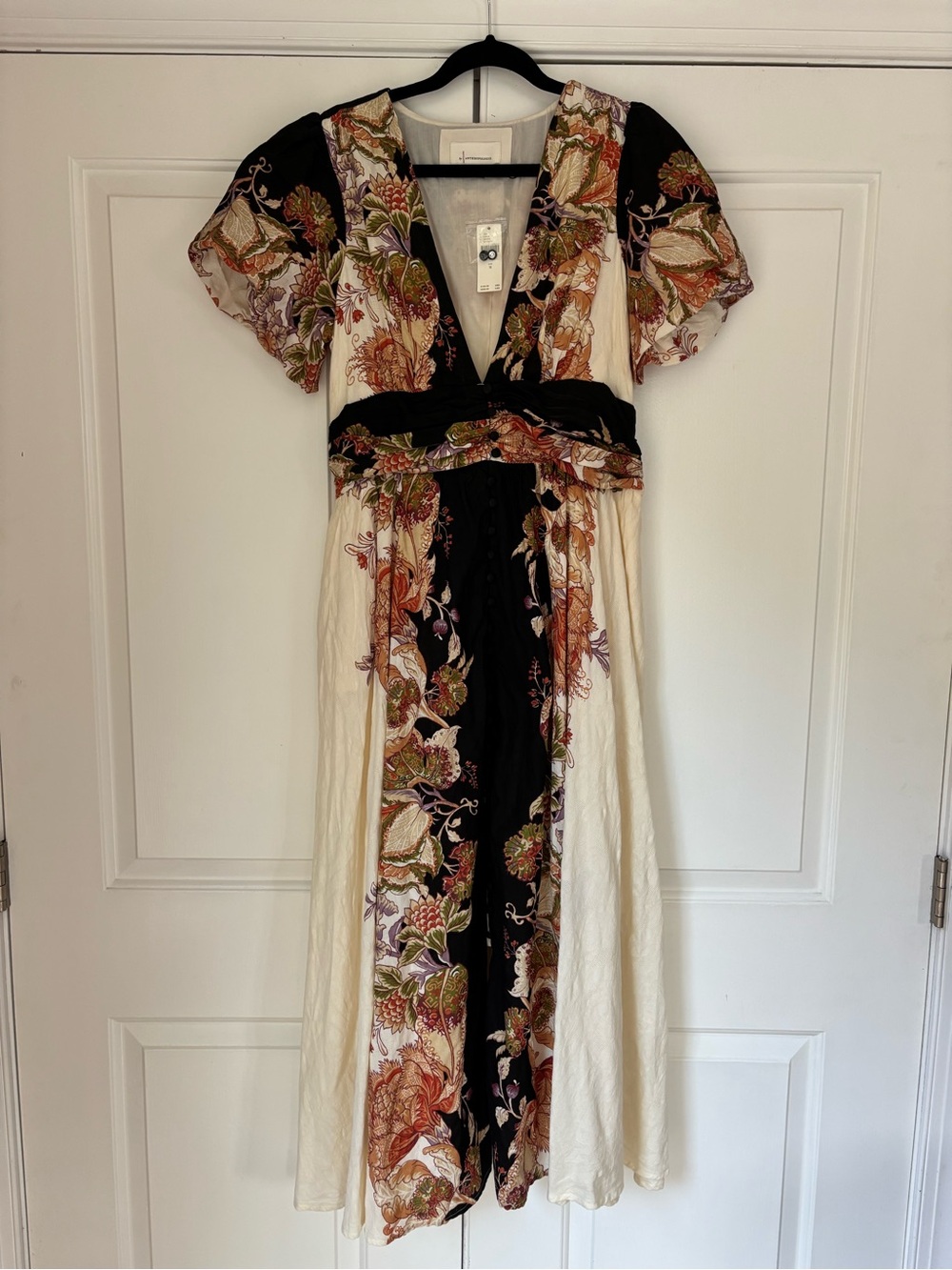 Anthropologie Cream, Black, Rust & Olive Floral Wrap Midi Dress
